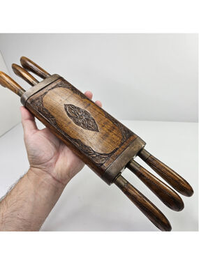 Vintage India Carved Wood Steak Knife Set 6 Brass Holder Stainless Steel